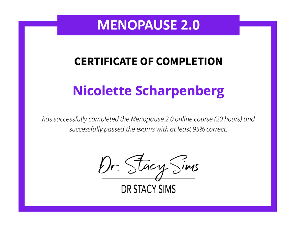 Home Abschlusszertifikat Menopause 2.0 von Dr. Stacy Sims für Nicolette Scharpenberg