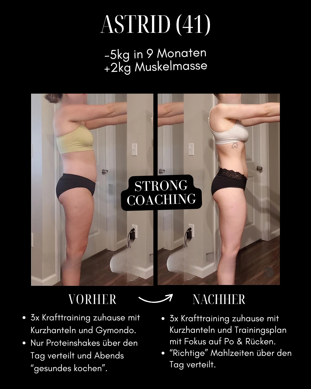 Astrid: Original-Collage mit Vorher-Nachher-Fotos, Ergebnis und Veränderungen bei Training und Ernährung