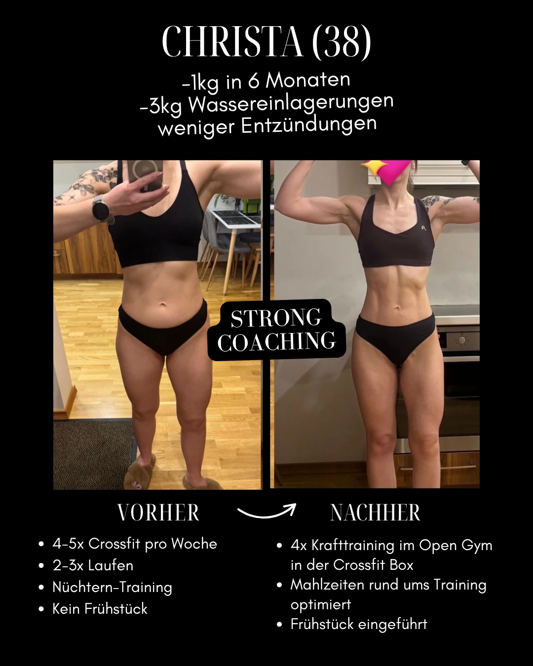 Christa: Original-Collage mit Vorher-Nachher-Fotos, Ergebnis und Veränderungen bei Training und Ernährung