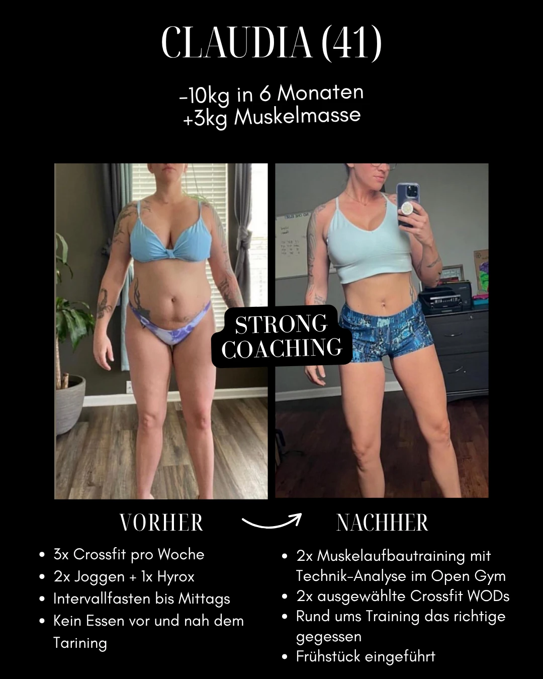 Claudia: Original-Collage mit Vorher-Nachher-Fotos, Ergebnis und Veränderungen bei Training und Ernährung