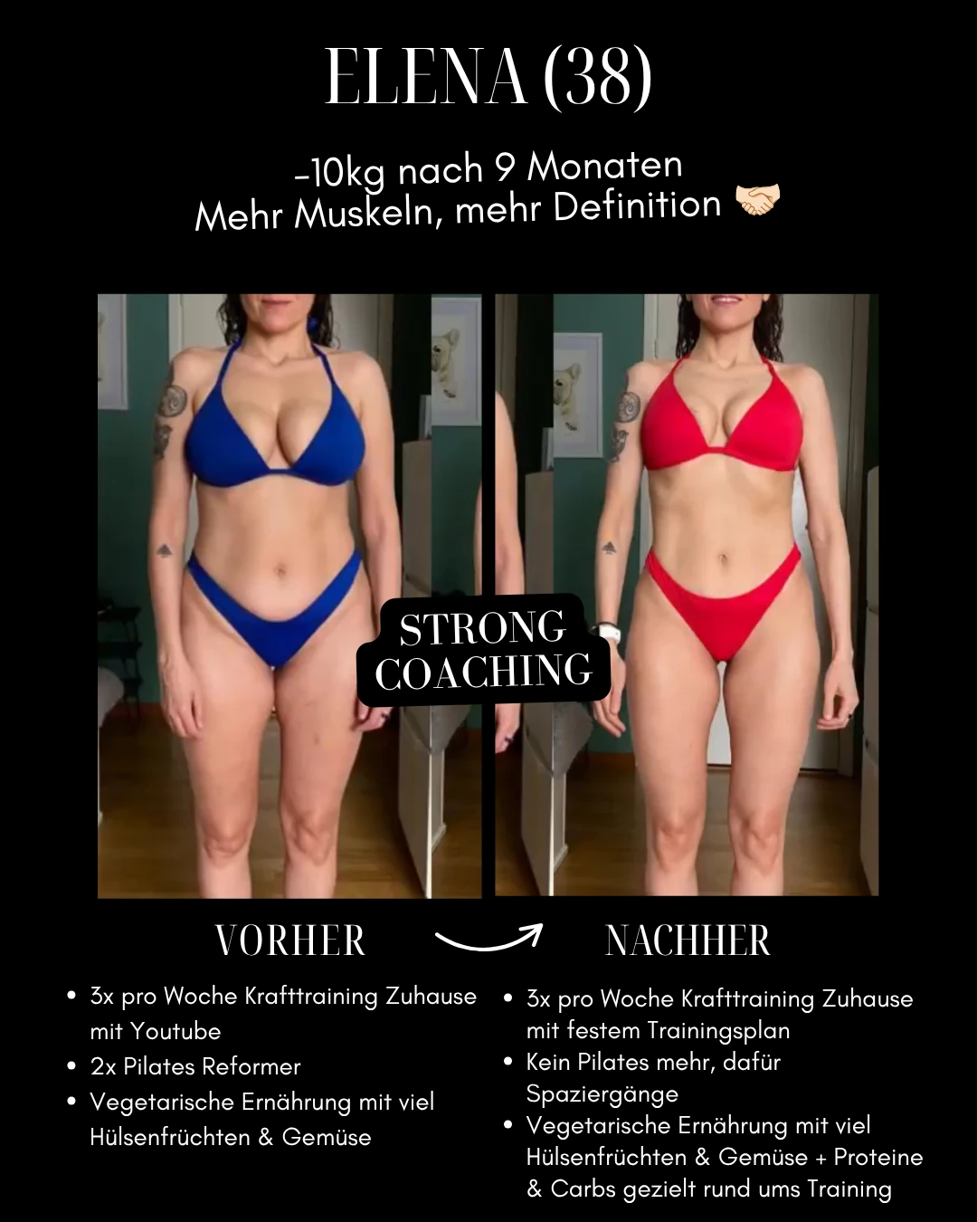 Elena: Original-Collage mit Vorher-Nachher-Fotos, Ergebnis und Veränderungen bei Training und Ernährung