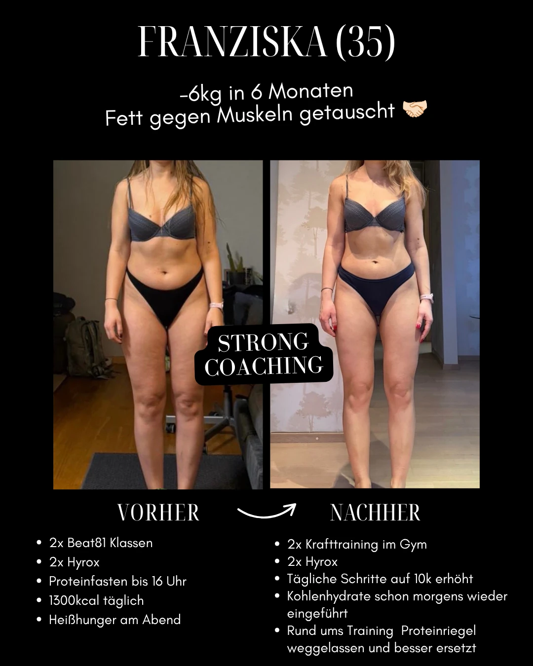 Franziska: Original-Collage mit Vorher-Nachher-Fotos, Ergebnis und Veränderungen bei Training und Ernährung
