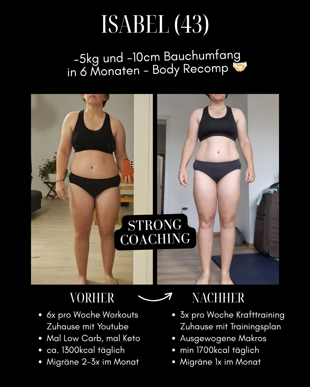Isabel: Original-Collage mit Vorher-Nachher-Fotos, Ergebnis und Veränderungen bei Training und Ernährung