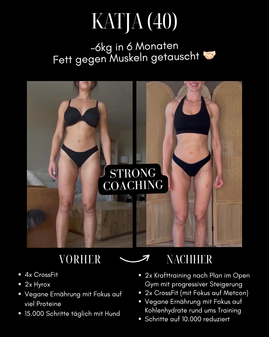 Katja: Original-Collage mit Vorher-Nachher-Fotos, Ergebnis und Veränderungen bei Training und Ernährung