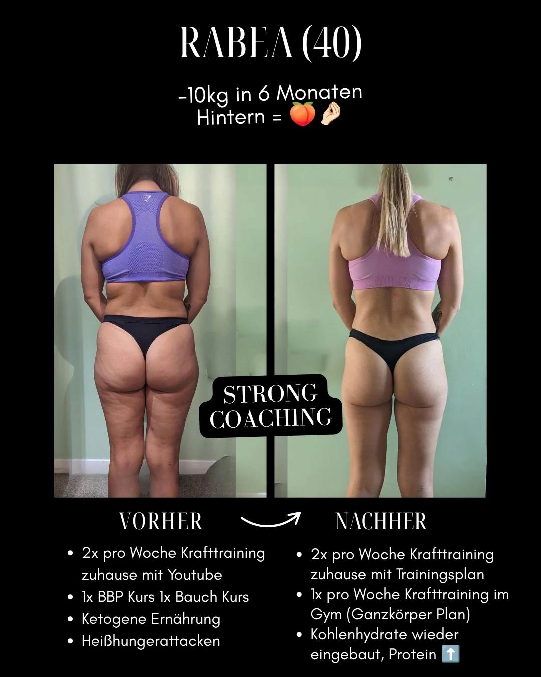 Rabea: Original-Collage mit Vorher-Nachher-Fotos, Ergebnis und Veränderungen bei Training und Ernährung