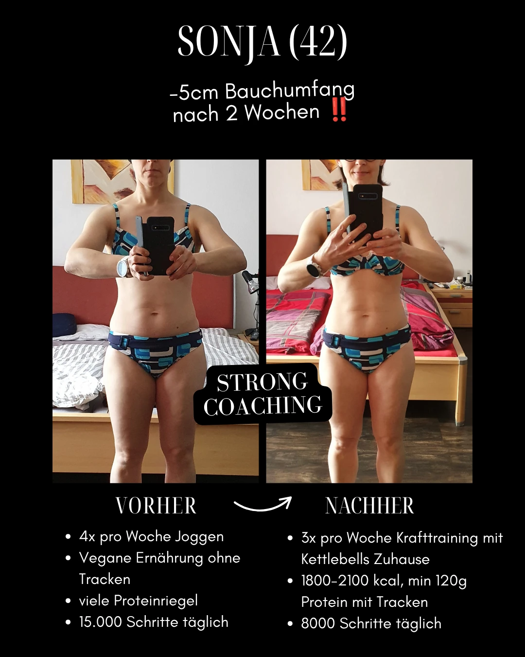 Sonja: Original-Collage mit Vorher-Nachher-Fotos, Ergebnis und Veränderungen bei Training und Ernährung